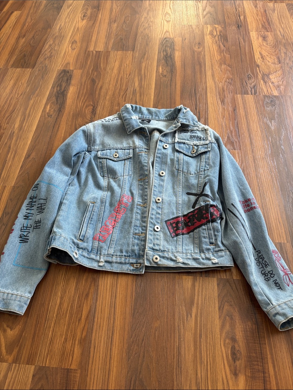 Amazon Light Blue Denim Jean Jacket with Red & Black Graphics